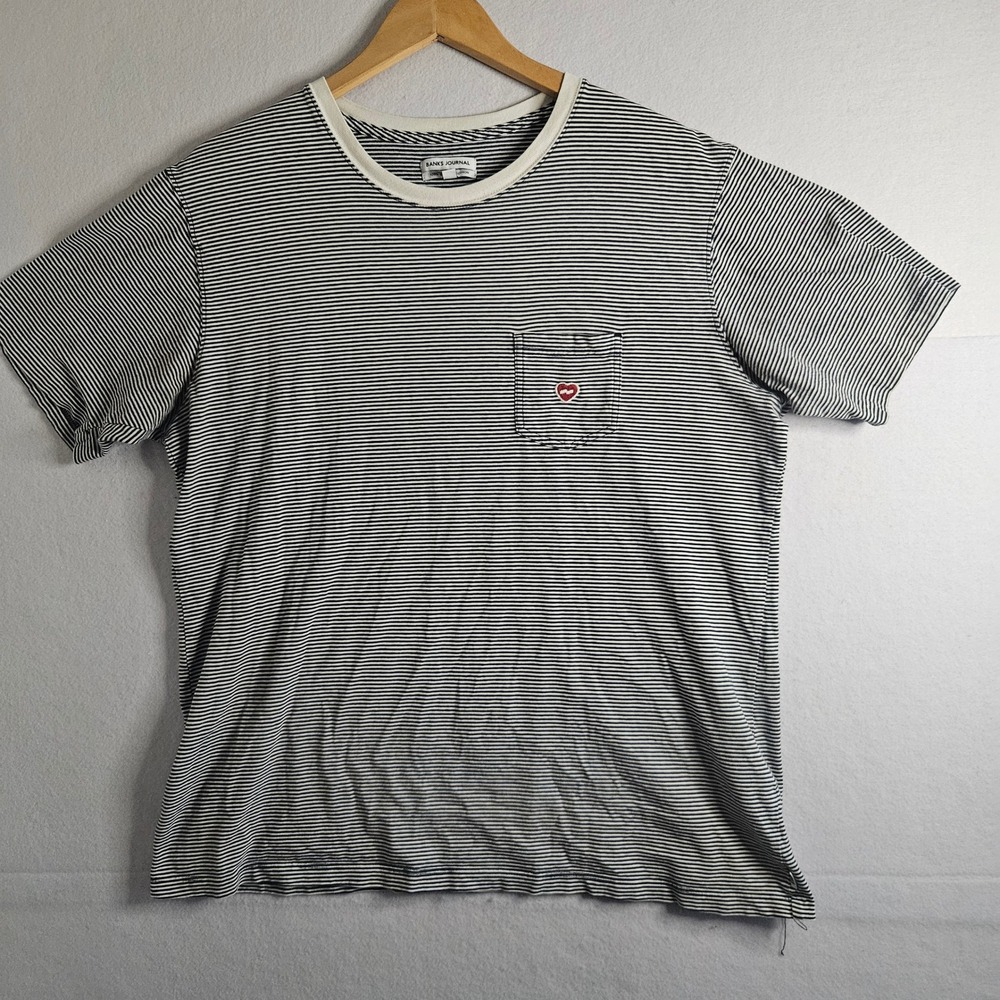 Banks Journal Mens Large Organic Cotton Striped Pocket T-Shirt Navy White Heart